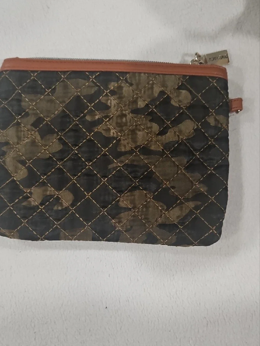 Joan & David Quilted Camo Wristlet Clutch in Olive, Black and Brown Trim